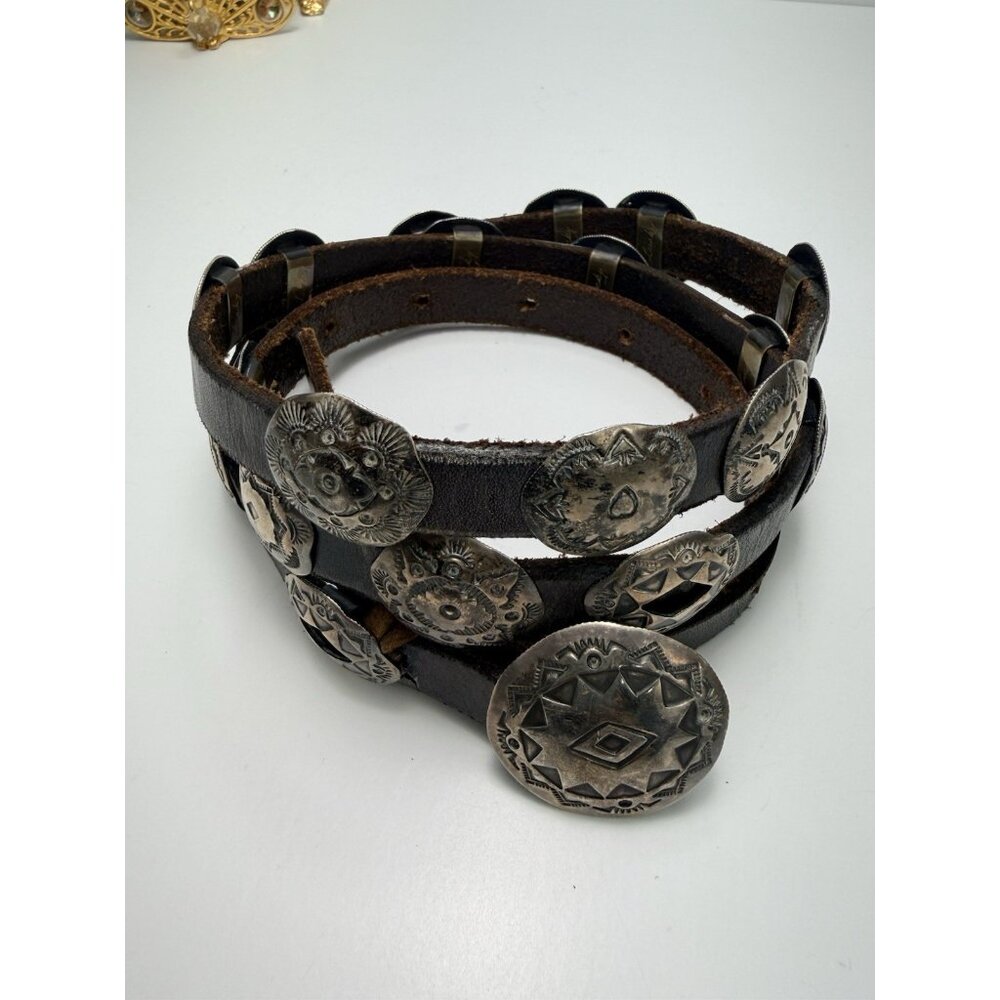 Vintage Native American Sterling Concho Belt Signed Hand Stamped Leather Long - Picture 9 of 16